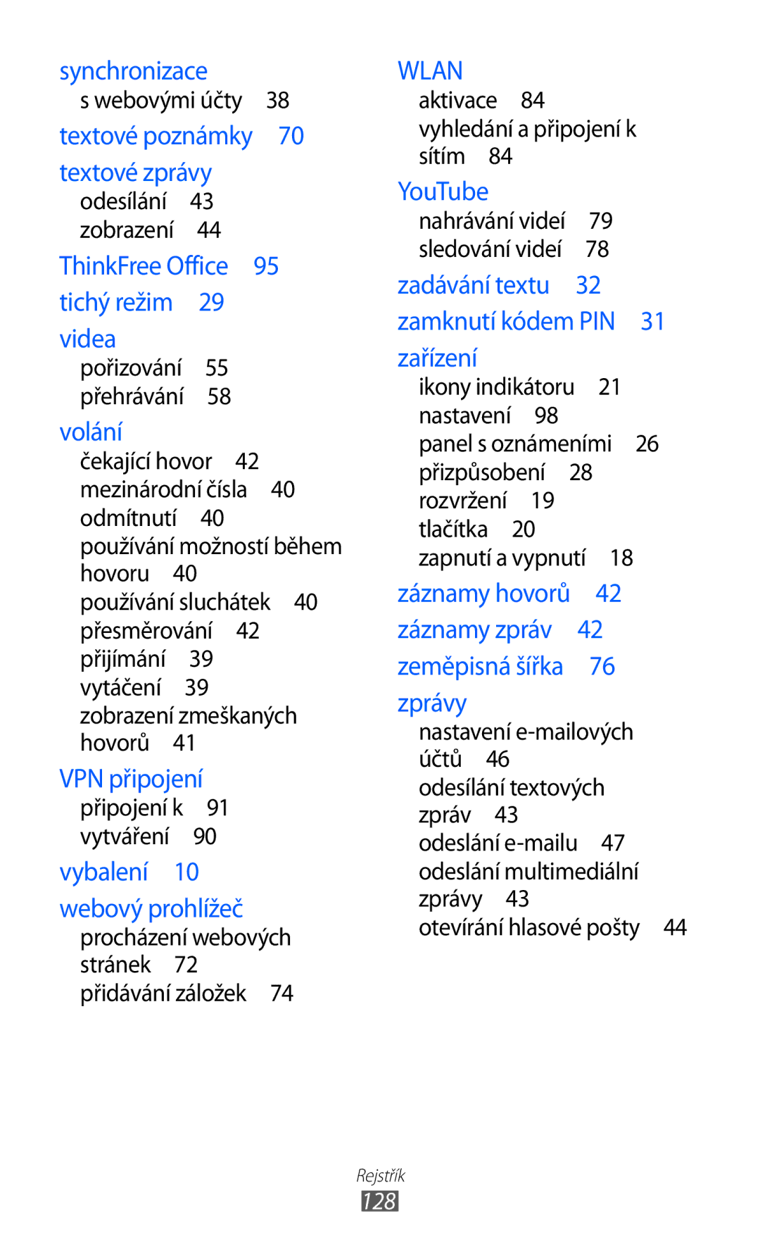 Samsung GT-S5839OKITMS manual Webovými účty , Aktivace 84 vyhledání a připojení k sítím , Otevírání hlasové pošty , 128 